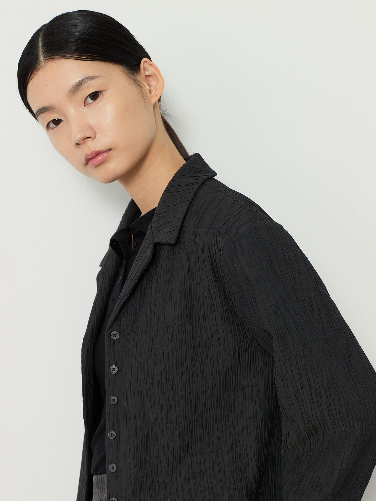 OPEN COLLAR PLEATS SHIRTS [CHARCOAL] 11
