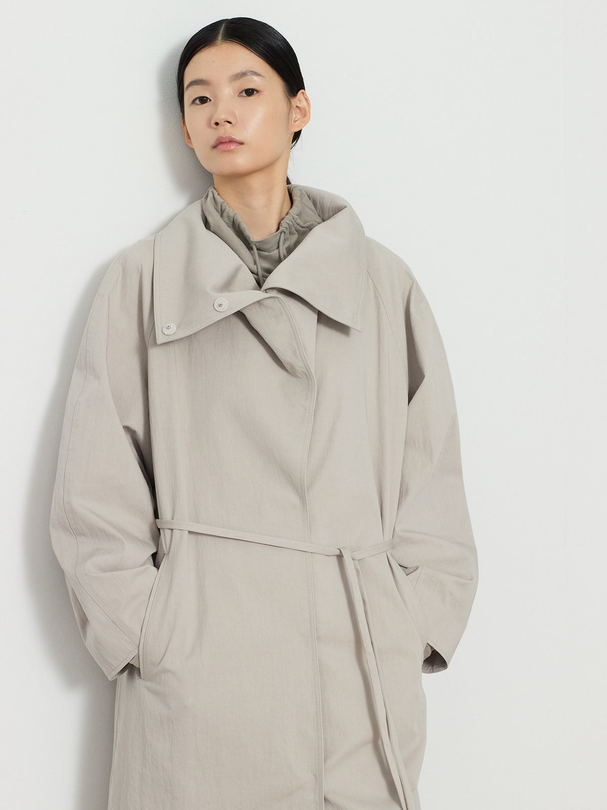 HIDDEN BUTTON LONG TRENCH COAT [LIGHT GRAY] 7