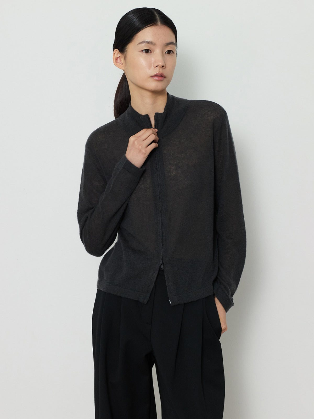 TWO-WAY ZIP-UP KNIT CARDIGAN [CHARCOAL]