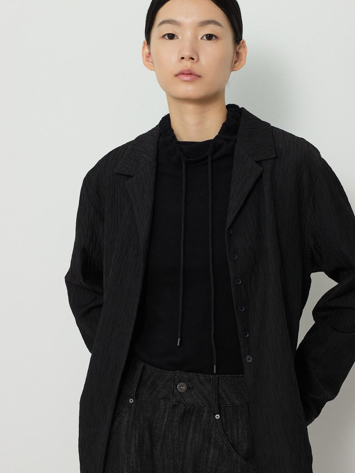 OPEN COLLAR PLEATS SHIRTS [BLACK] 9