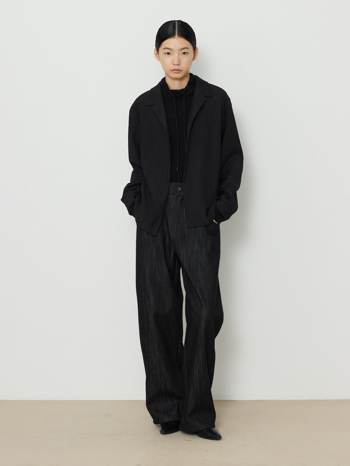 OPEN COLLAR PLEATS SHIRTS [BLACK] 14