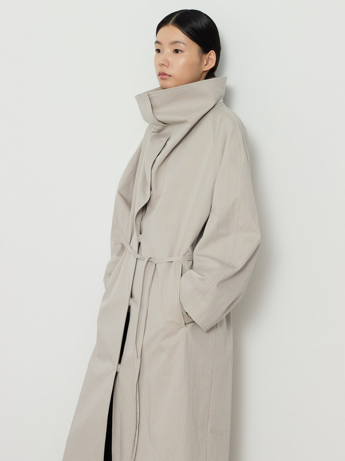 HIDDEN BUTTON LONG TRENCH COAT [LIGHT GRAY] 12