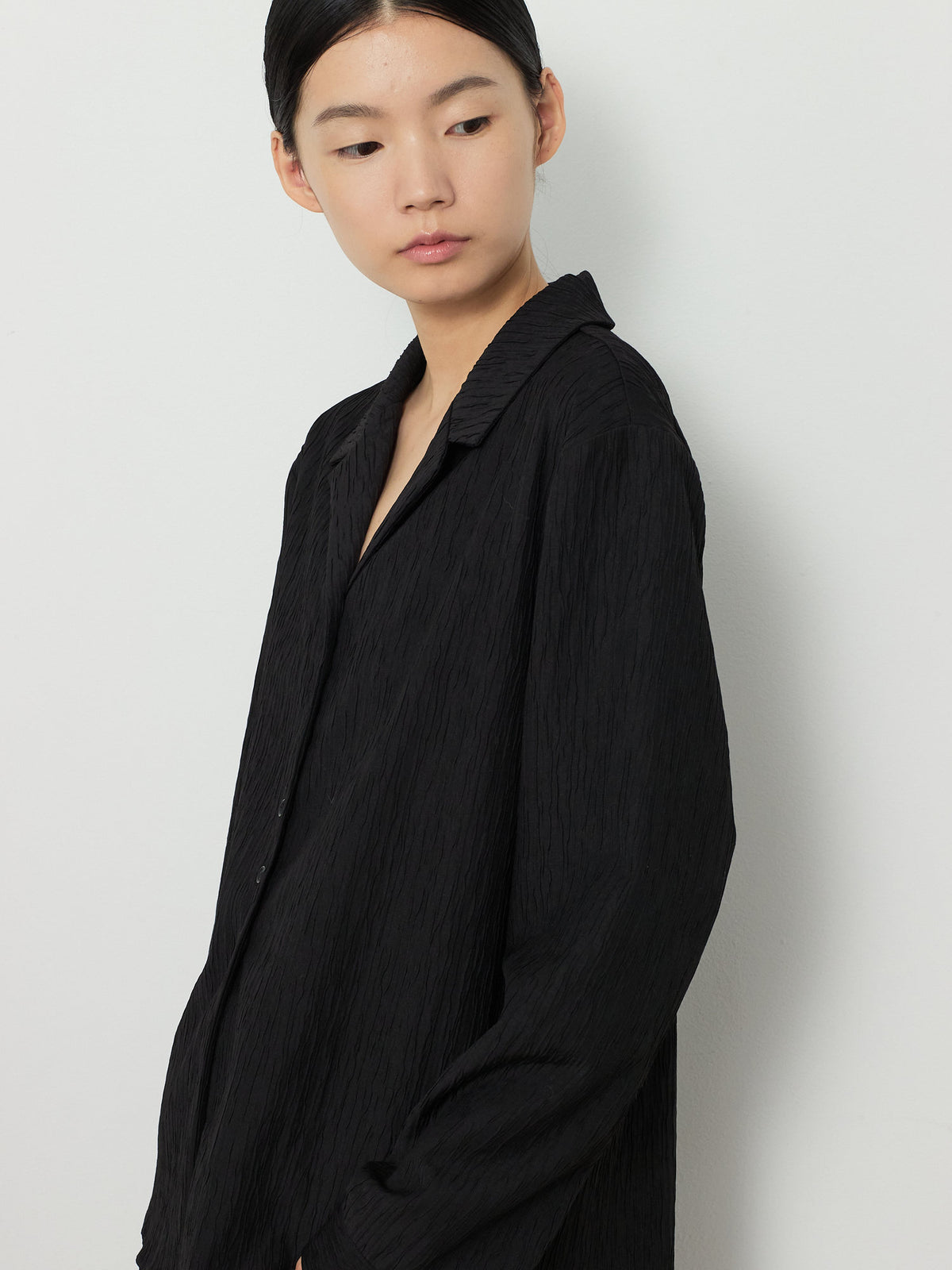 OPEN COLLAR PLEATS SHIRTS [BLACK] 6