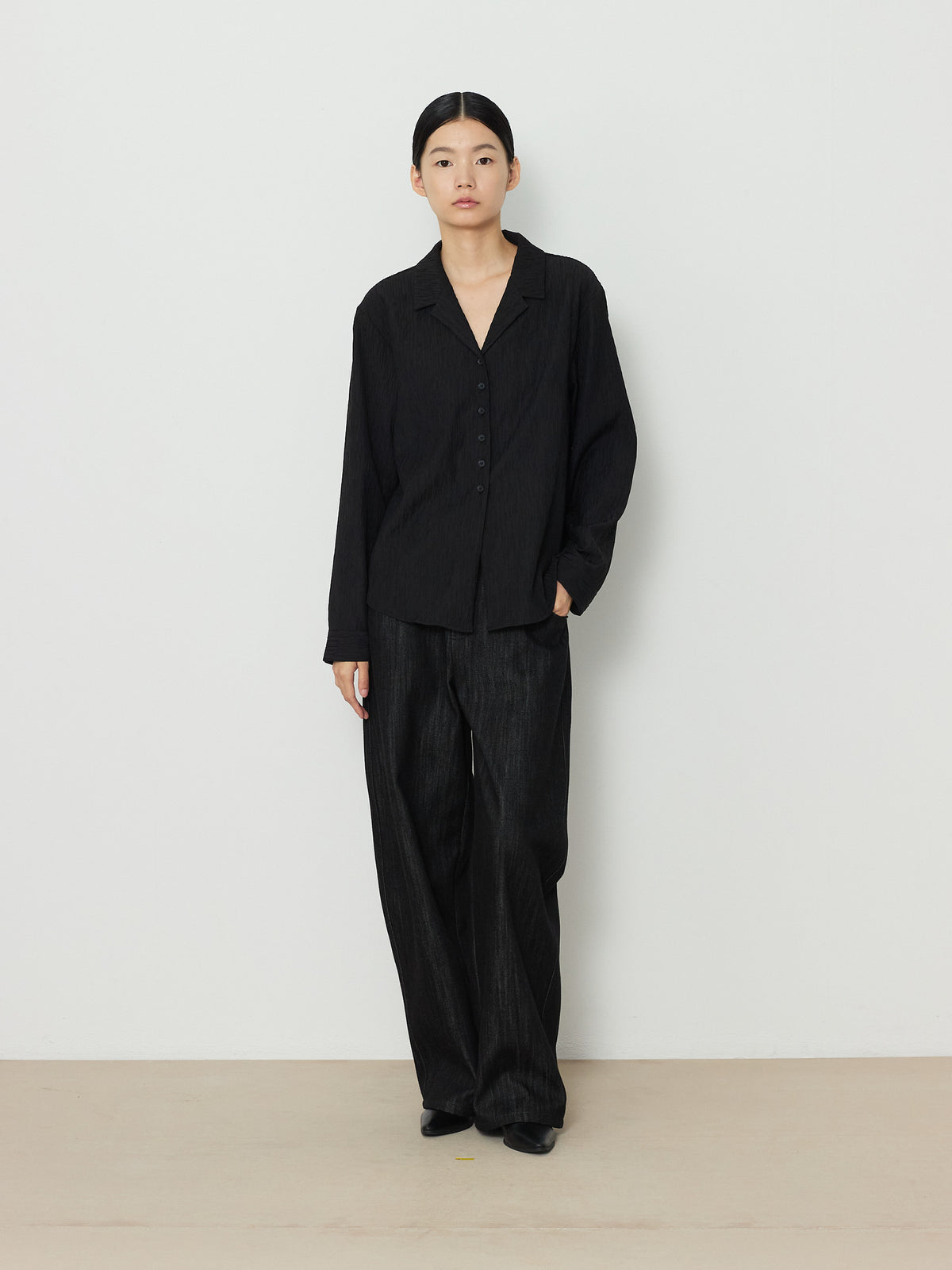 OPEN COLLAR PLEATS SHIRTS [BLACK] 12
