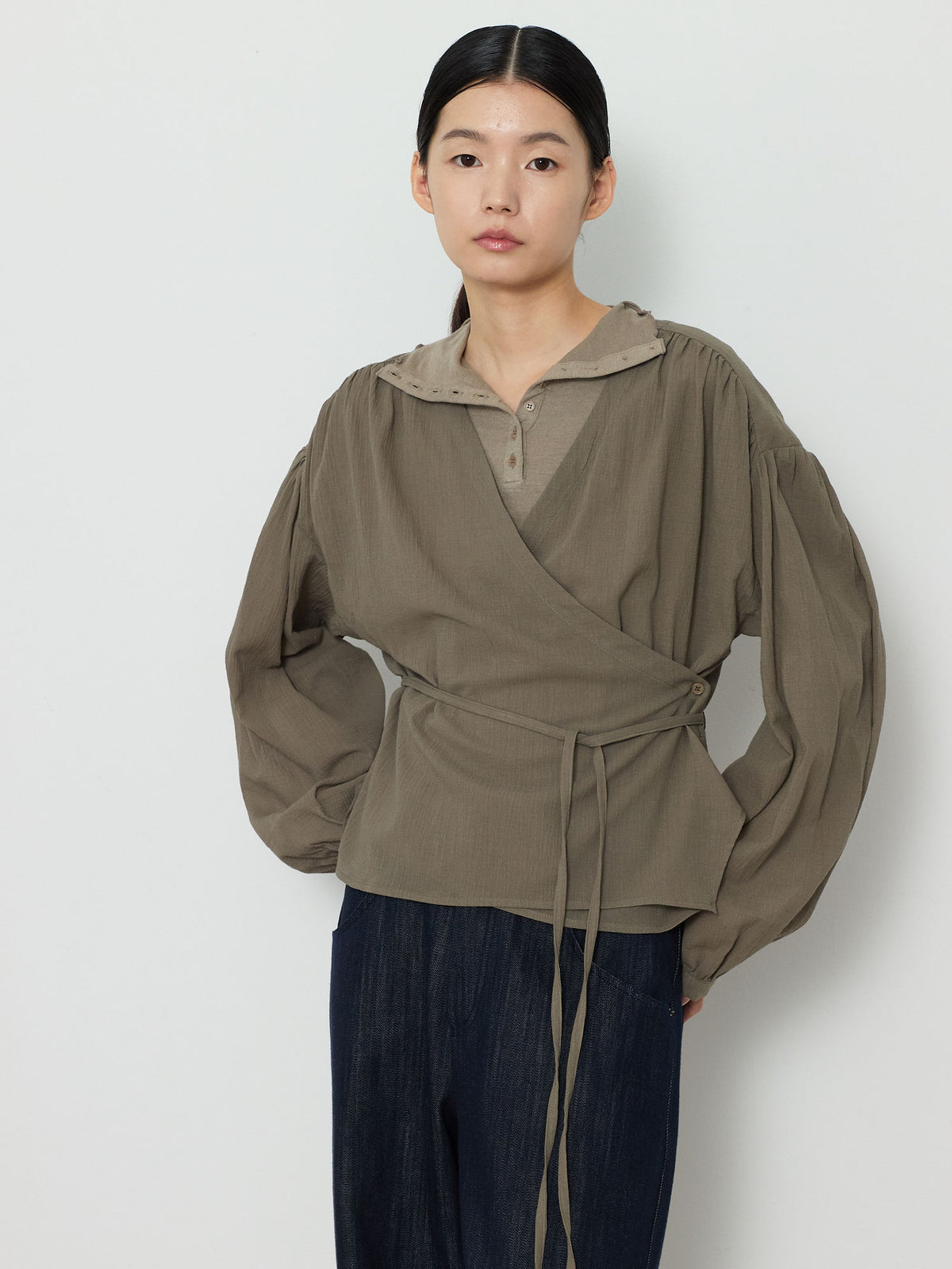 WRAP CARDIGAN BUTTON BLOUSE [KHAKI] 5