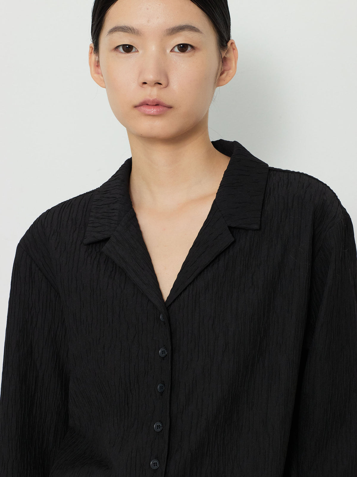 OPEN COLLAR PLEATS SHIRTS [BLACK] 5