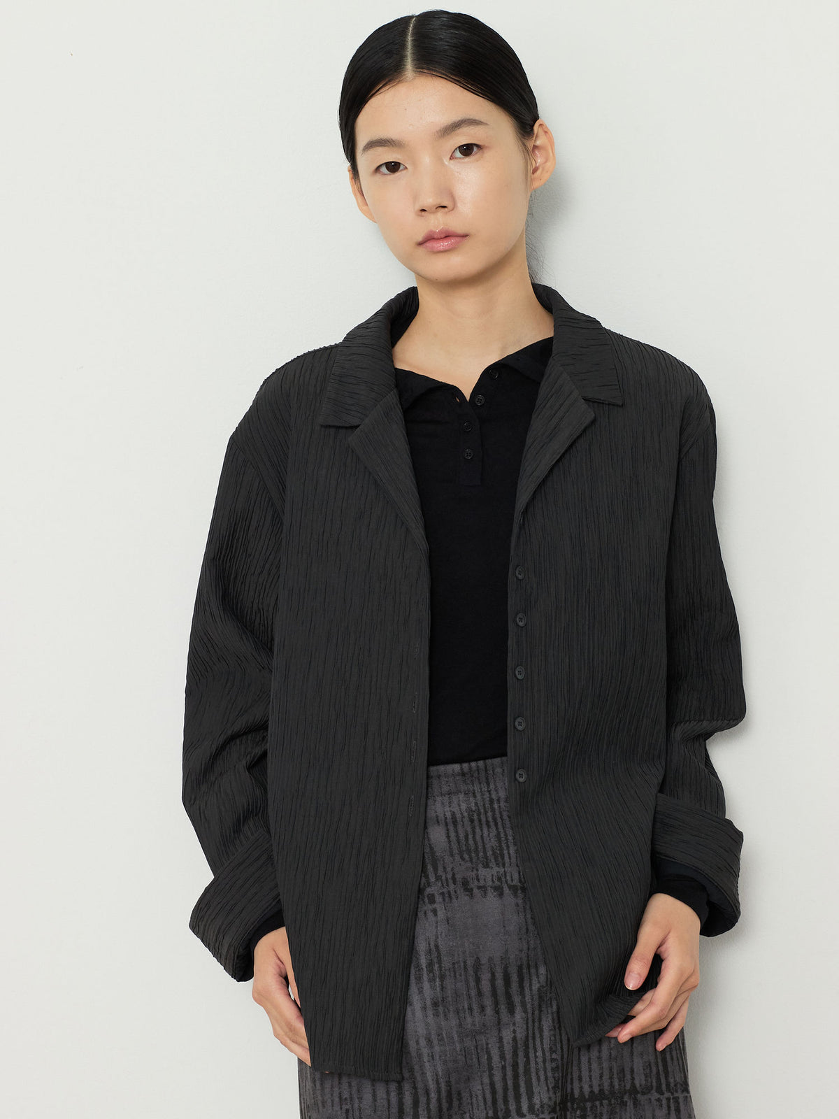 OPEN COLLAR PLEATS SHIRTS [CHARCOAL] 6