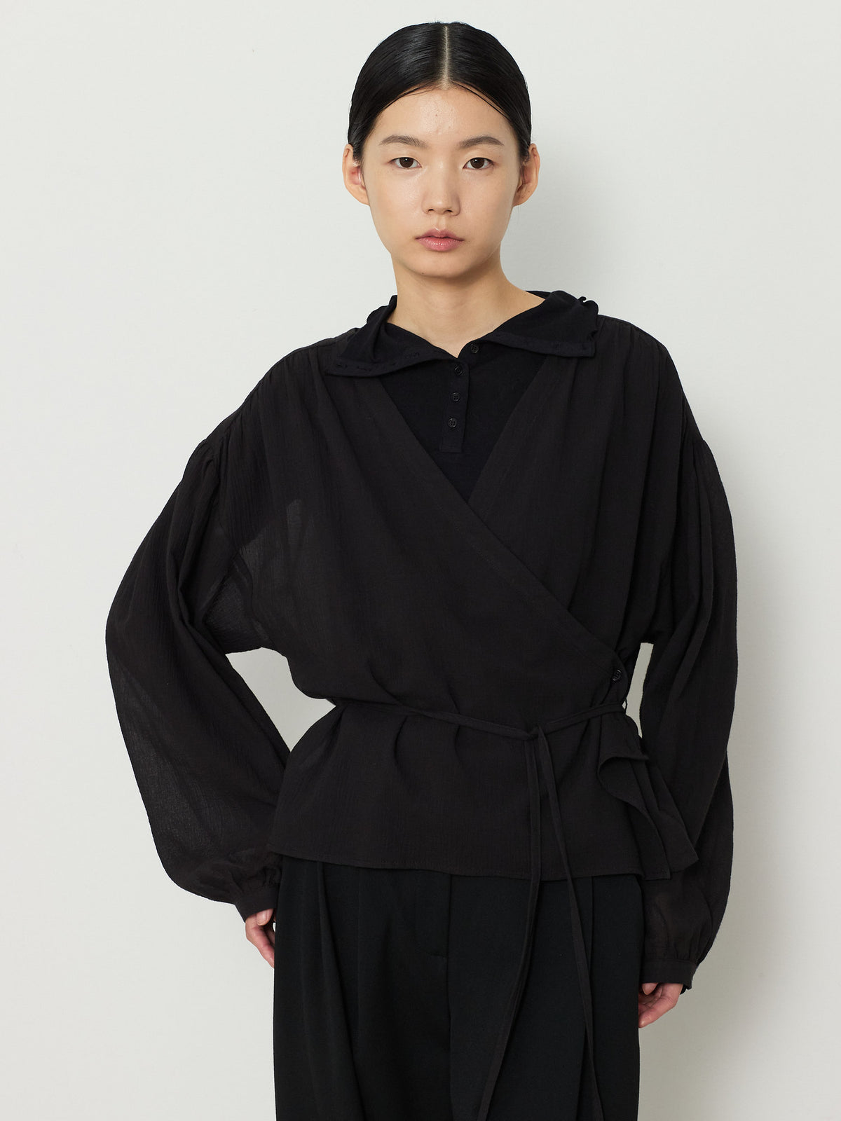 WRAP CARDIGAN BUTTON BLOUSE [BLACK] 6