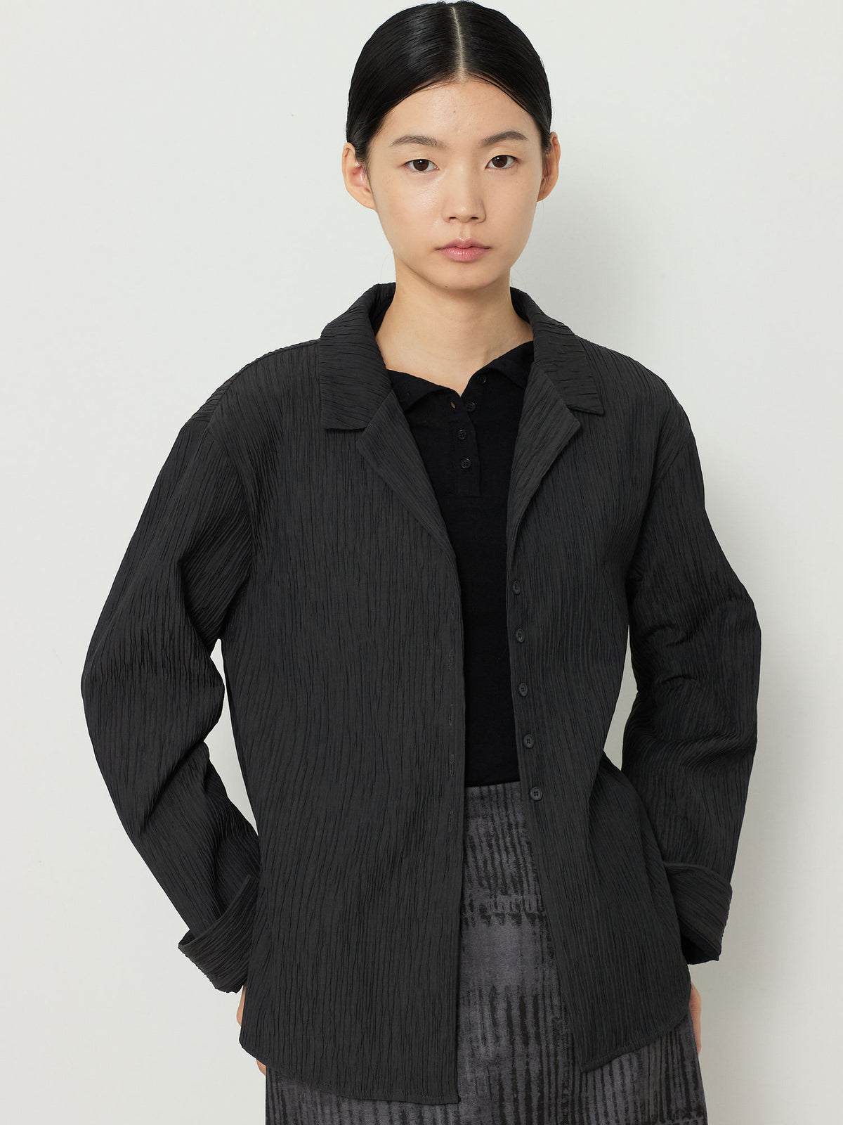 OPEN COLLAR PLEATS SHIRTS [CHARCOAL] 5