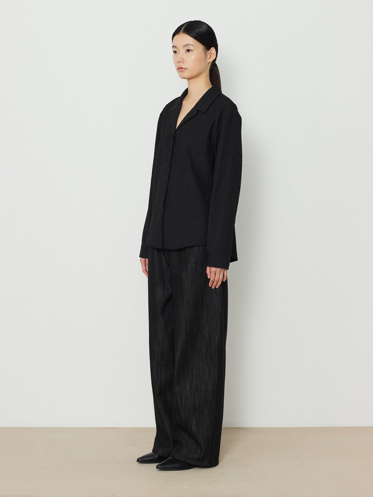 OPEN COLLAR PLEATS SHIRTS [BLACK] 2