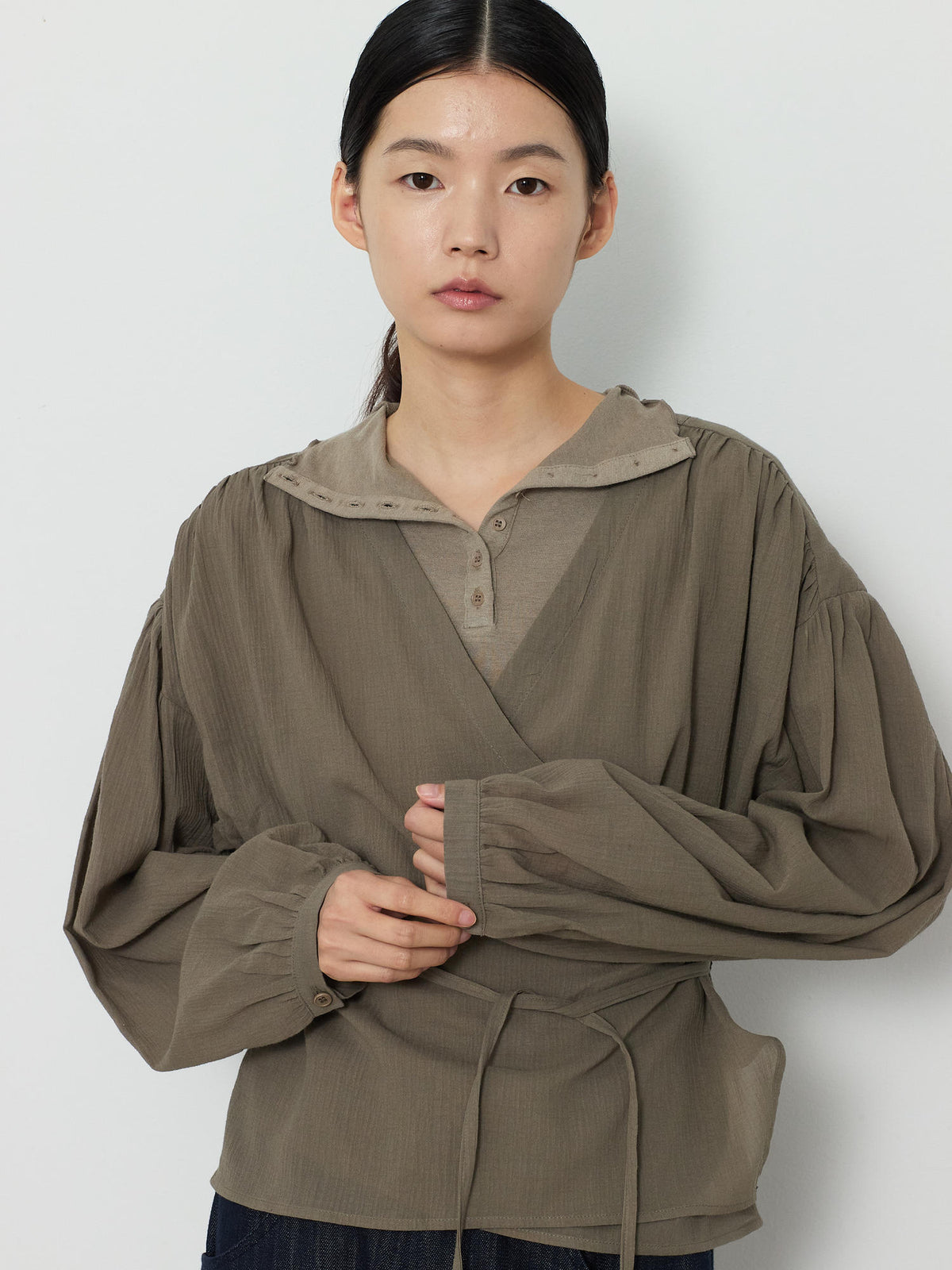 WRAP CARDIGAN BUTTON BLOUSE [KHAKI] 6