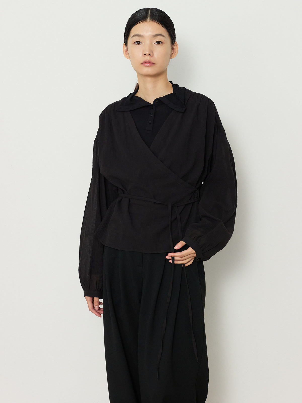 WRAP CARDIGAN BUTTON BLOUSE [BLACK] 5