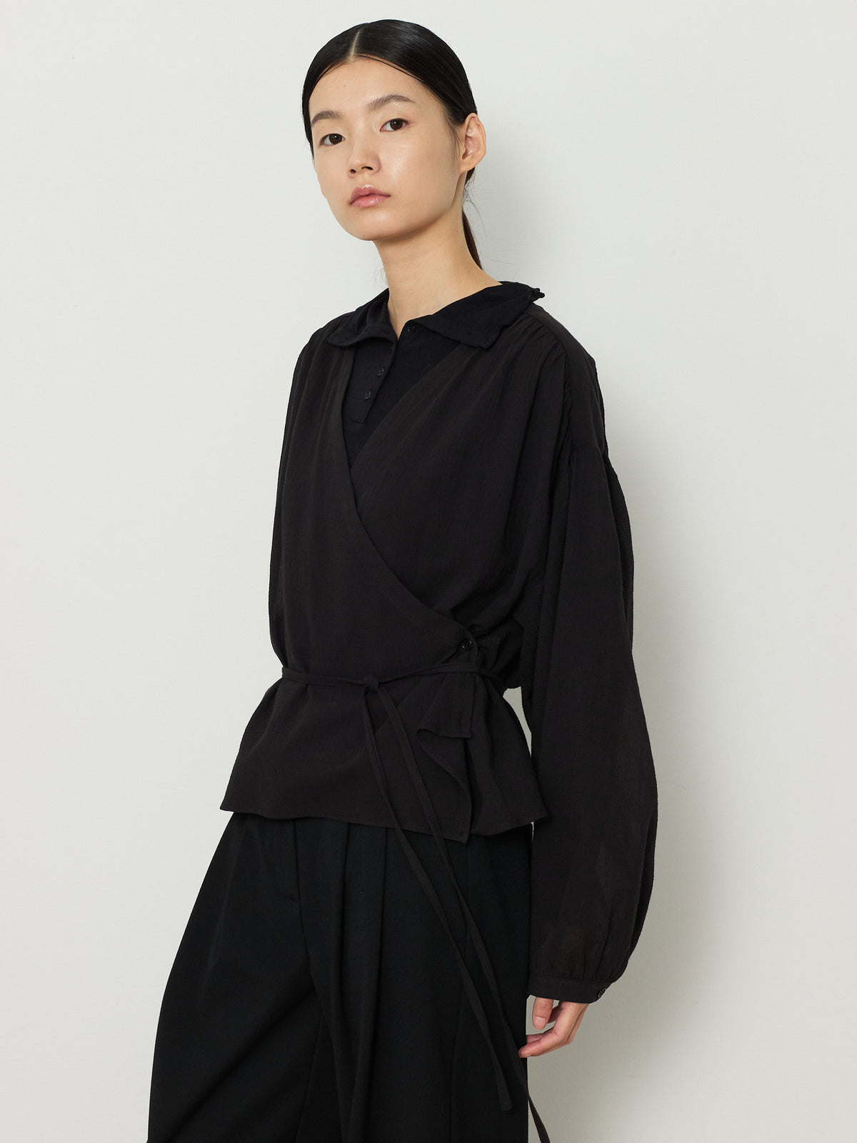 WRAP CARDIGAN BUTTON BLOUSE [BLACK] 7