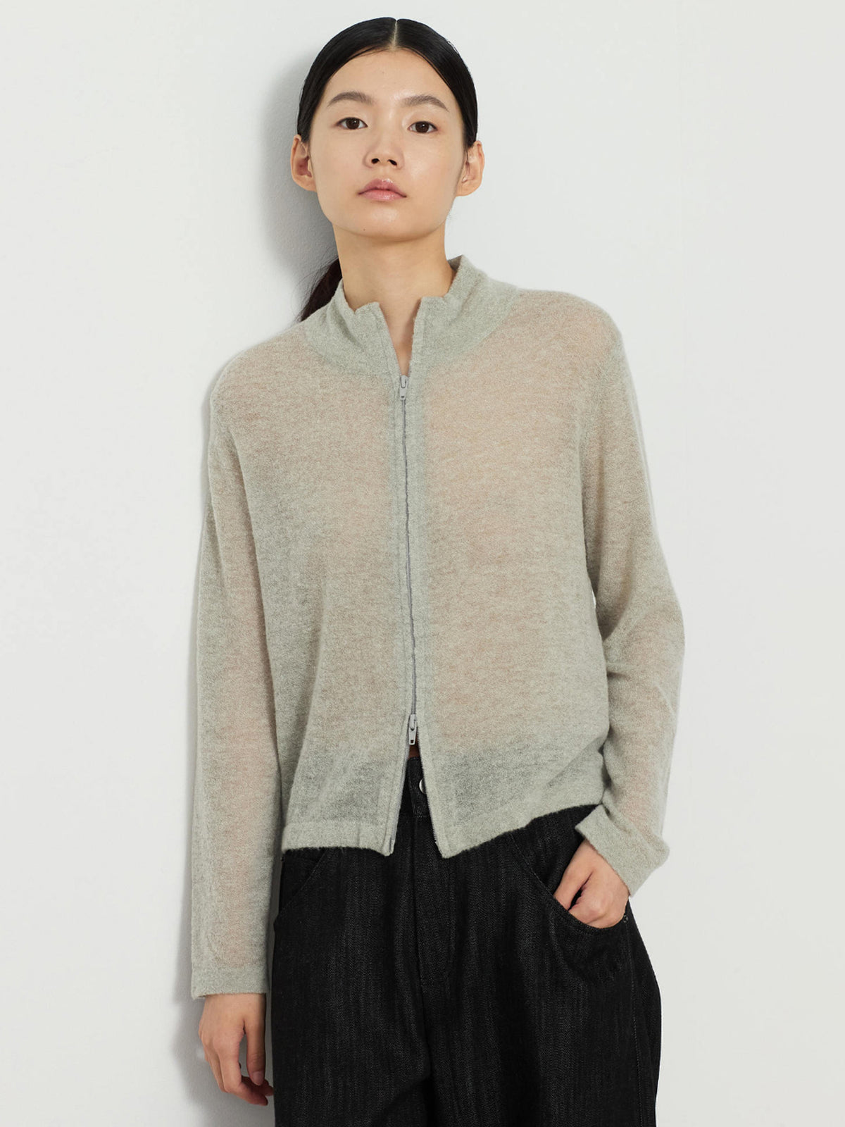 TWO-WAY ZIP-UP KNIT CARDIGAN [LIGHT KHAKI]