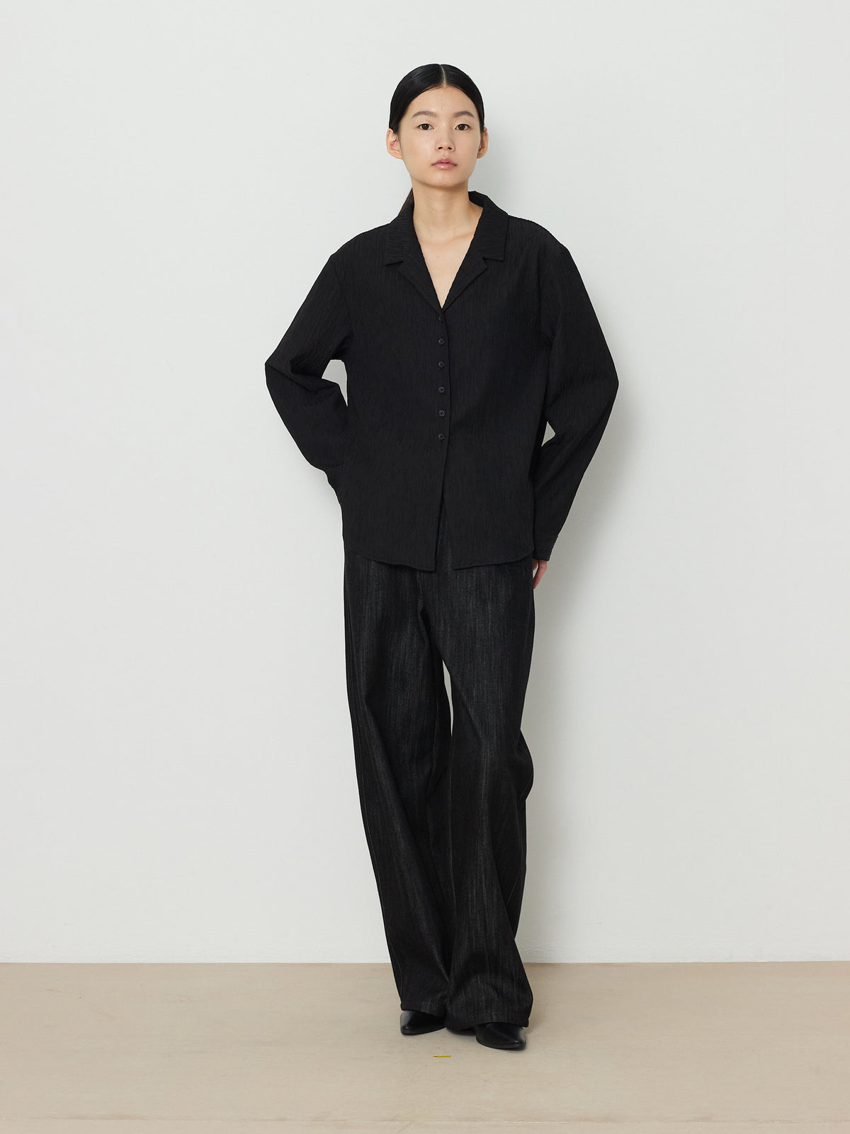 OPEN COLLAR PLEATS SHIRTS [BLACK] 13