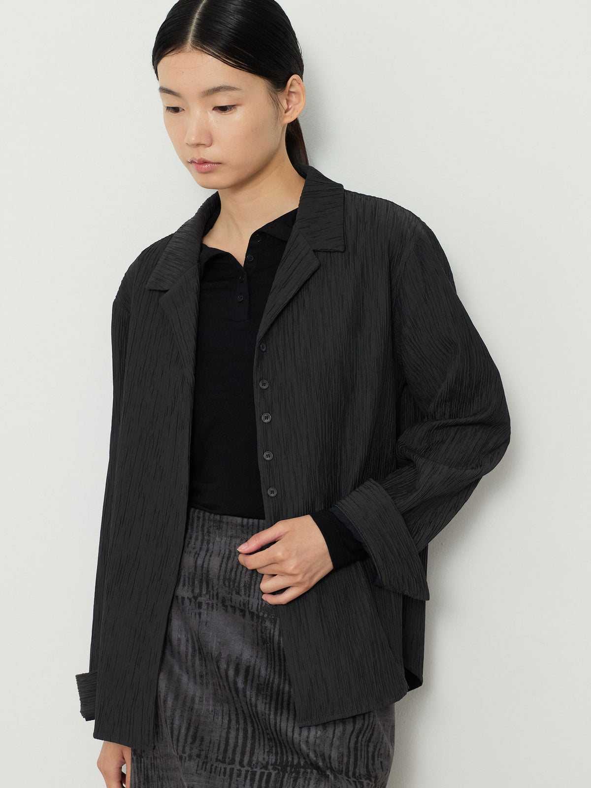 OPEN COLLAR PLEATS SHIRTS [CHARCOAL] 10