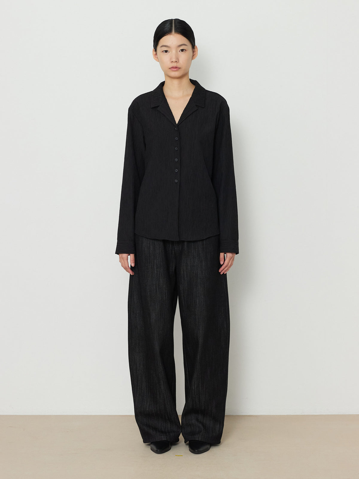 OPEN COLLAR PLEATS SHIRTS [BLACK] 1