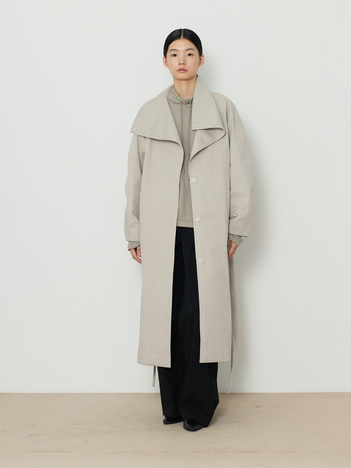 HIDDEN BUTTON LONG TRENCH COAT [LIGHT GRAY] 16