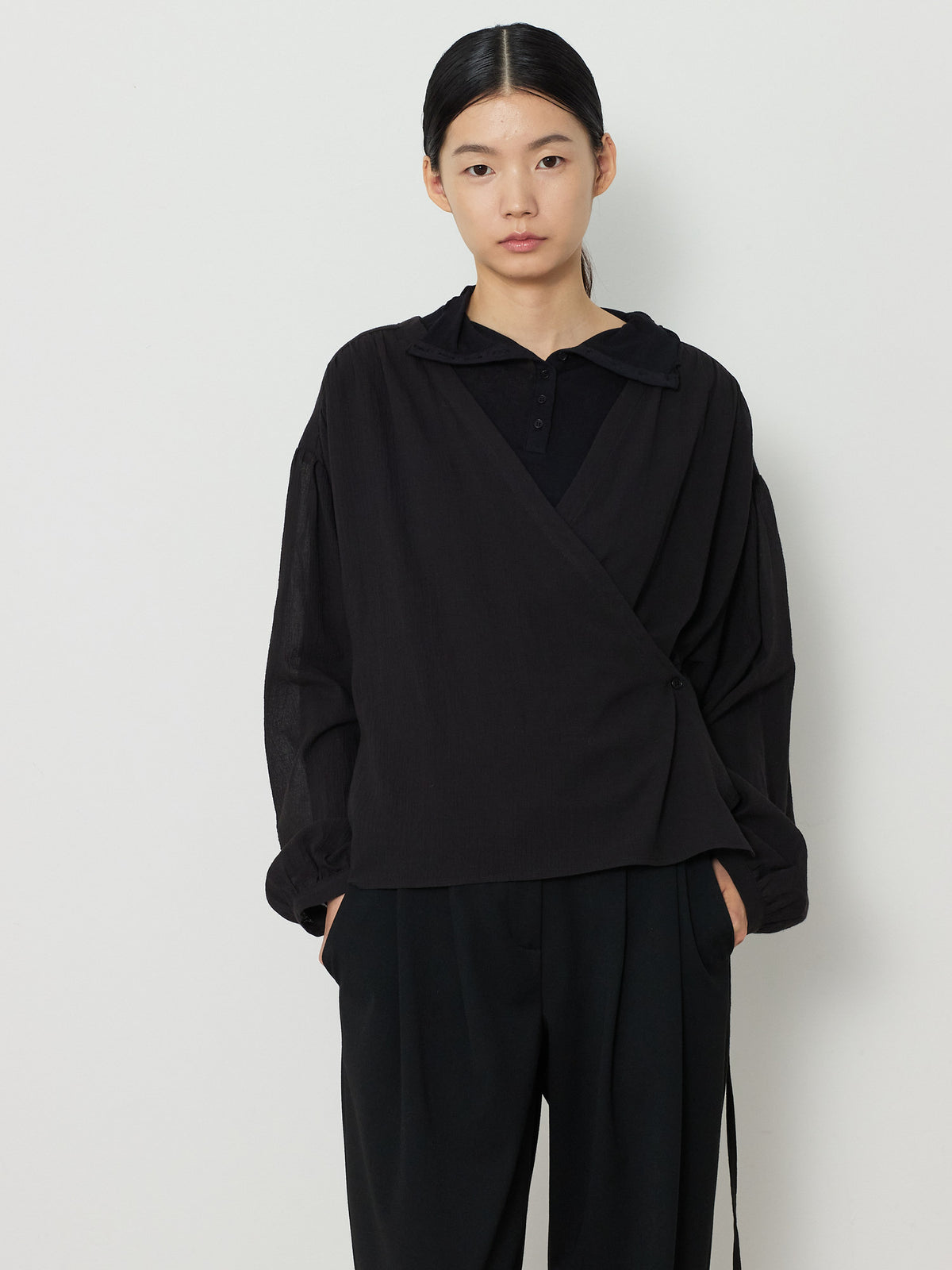 WRAP CARDIGAN BUTTON BLOUSE [BLACK] 9