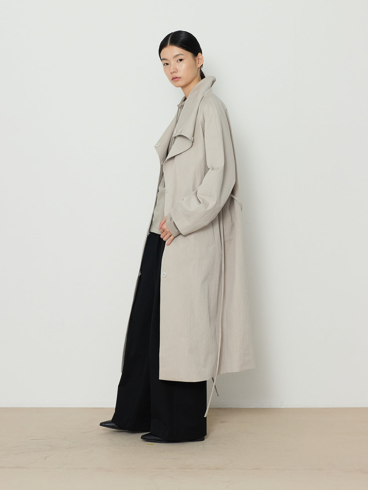 HIDDEN BUTTON LONG TRENCH COAT [LIGHT GRAY] 17