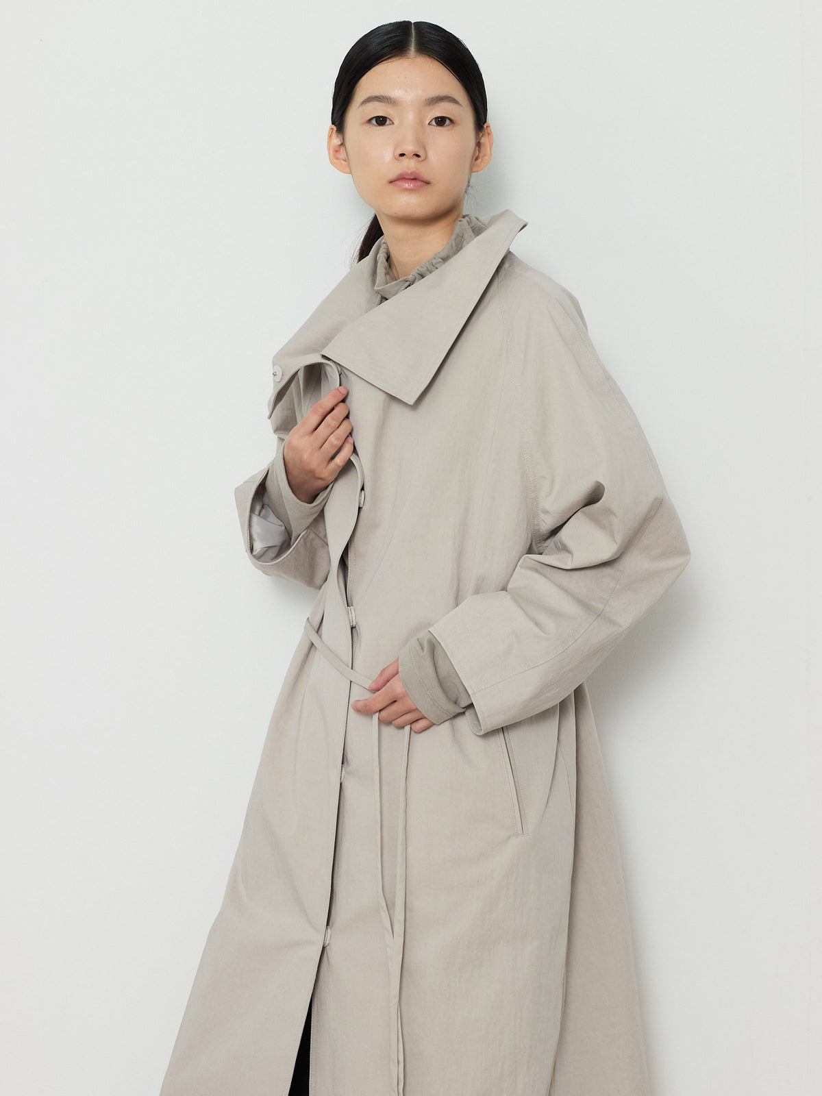 HIDDEN BUTTON LONG TRENCH COAT [LIGHT GRAY] 10