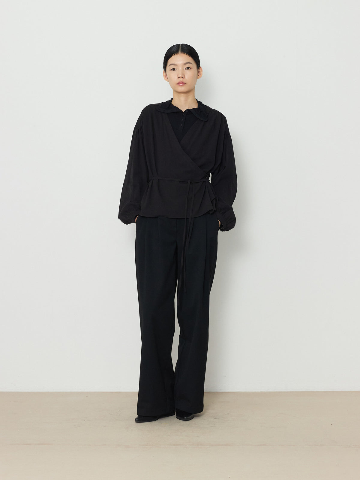 WRAP CARDIGAN BUTTON BLOUSE [BLACK] 2